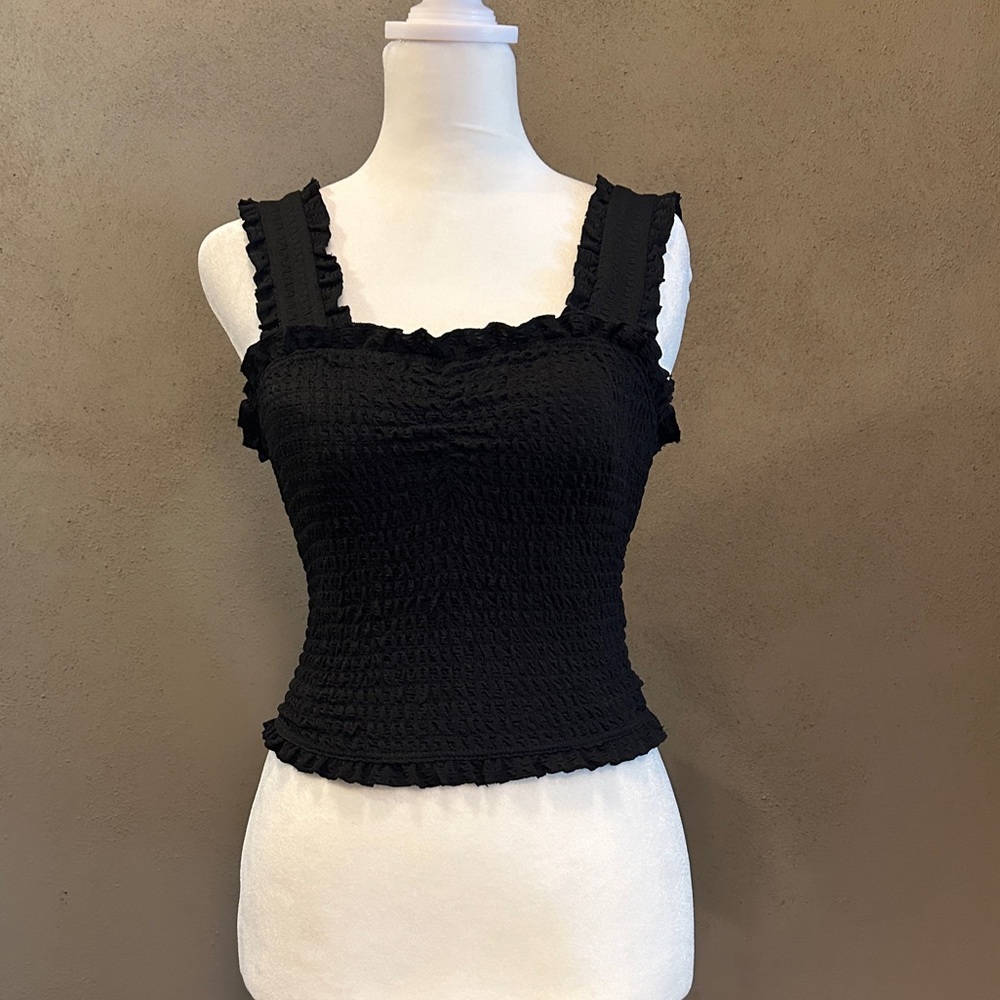 Black smocked crop top with 2” straps, NWT